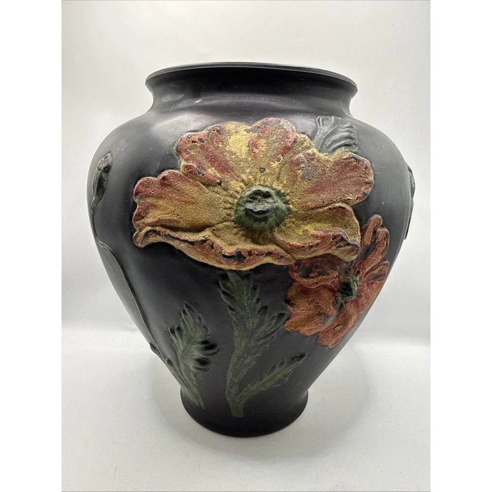 Antique 1920 Tiffin Black Satin 3D Coralene red orange & yellow Poppy glass Vase